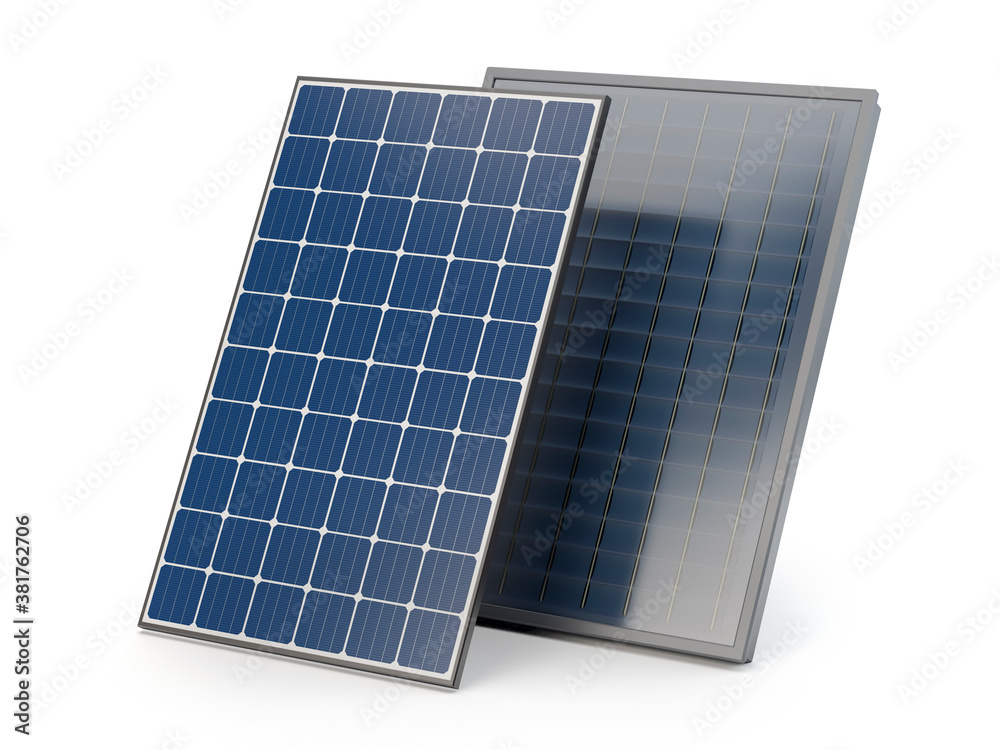 Isolated solar panel and solar collector, 3D illustration